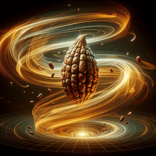 DALL·E 2023 12 21 21.45.49 An abstract representation of Optimal Airflow within the context of hot air cocoa bean roasting. The image shows a swirl of warm golden air current 1